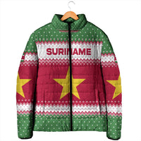 Suriname Christmas Padded Jacket with Red-Green Knit Pattern, Yellow Star, and Santa Leopard Motif - Wonder Print Shop