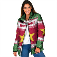Suriname Christmas Padded Jacket with Red-Green Knit Pattern, Yellow Star, and Santa Leopard Motif - Wonder Print Shop