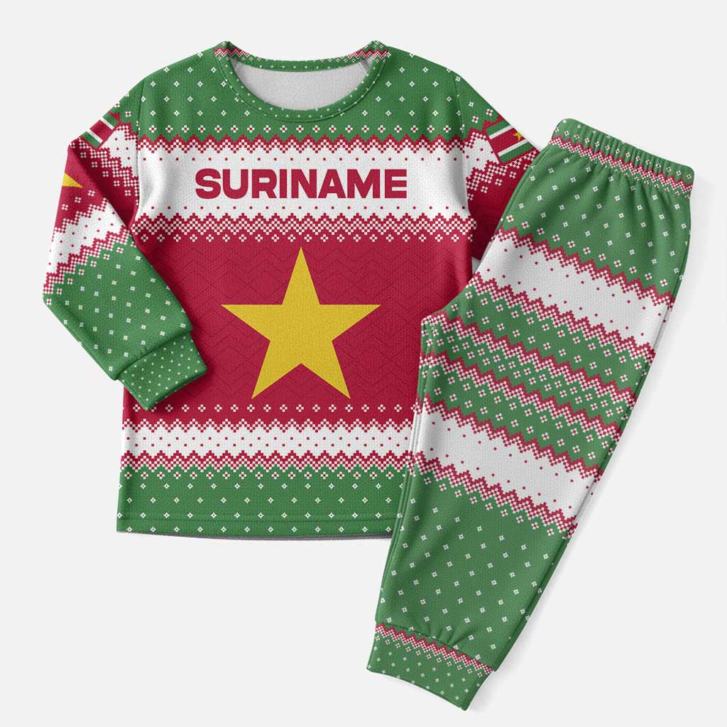 Suriname Christmas Pajama Set with Red-Green Knit Pattern, Yellow Star, and Santa Leopard Motif - Wonder Print Shop