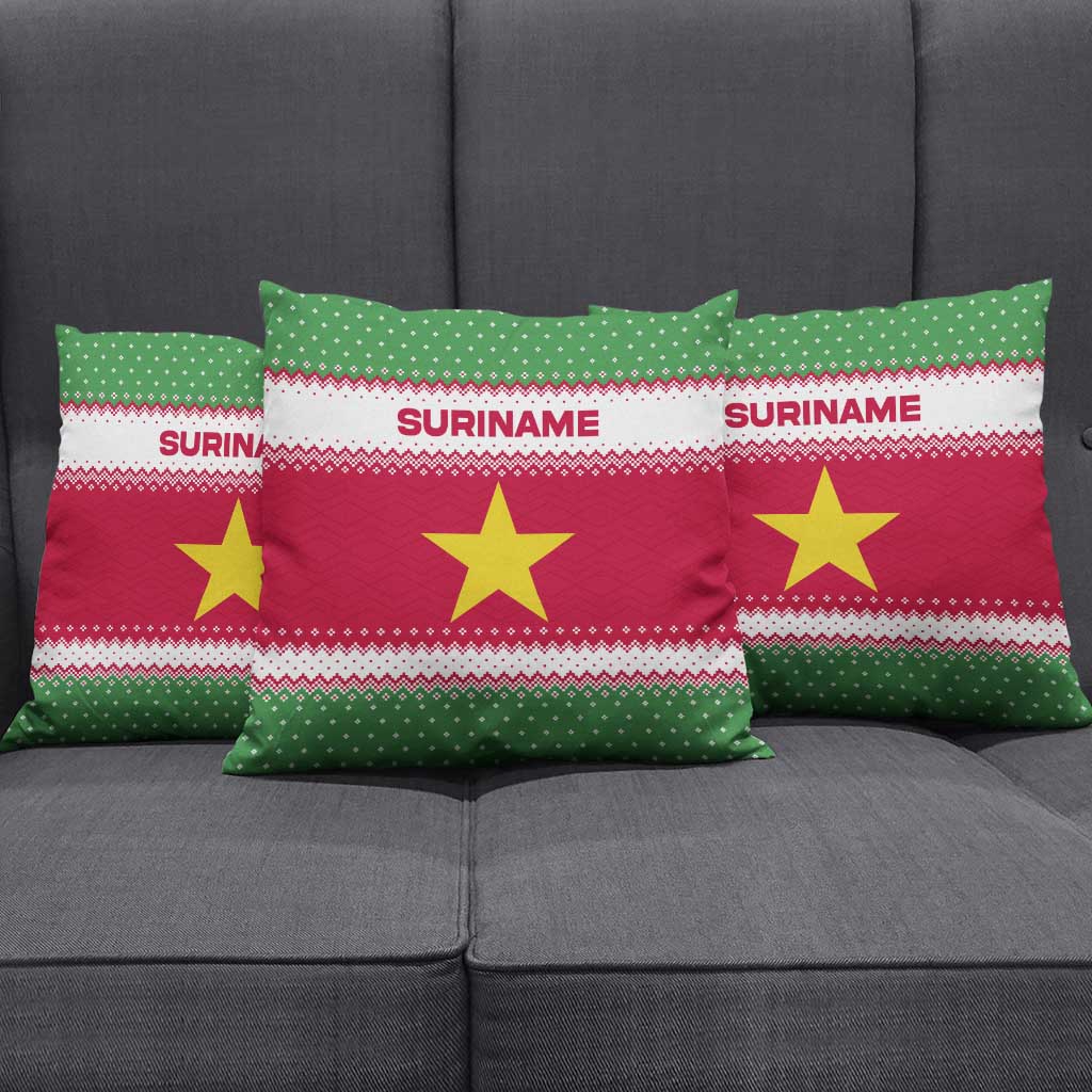 Suriname Christmas Pillow Cover with Red-Green Knit Pattern, Yellow Star, and Santa Leopard Motif - Wonder Print Shop