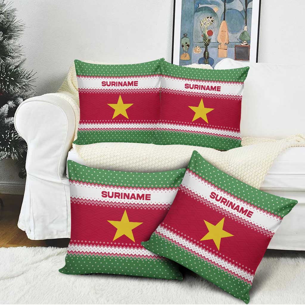 Suriname Christmas Pillow Cover with Red-Green Knit Pattern, Yellow Star, and Santa Leopard Motif - Wonder Print Shop