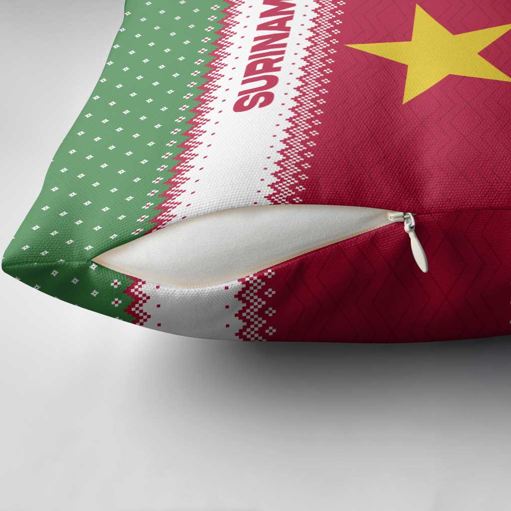 Suriname Christmas Pillow Cover with Red-Green Knit Pattern, Yellow Star, and Santa Leopard Motif - Wonder Print Shop