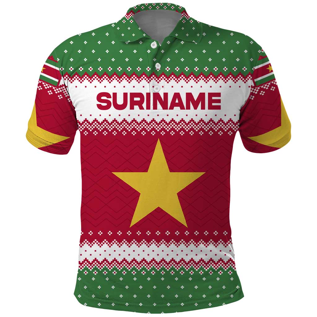 Suriname Christmas Polo Shirt with Red-Green Knit Pattern, Yellow Star, and Santa Leopard Motif - Wonder Print Shop