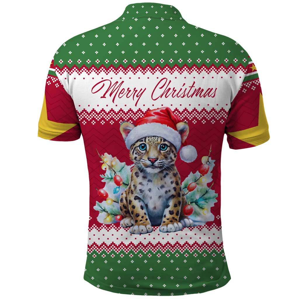 Suriname Christmas Polo Shirt with Red-Green Knit Pattern, Yellow Star, and Santa Leopard Motif - Wonder Print Shop