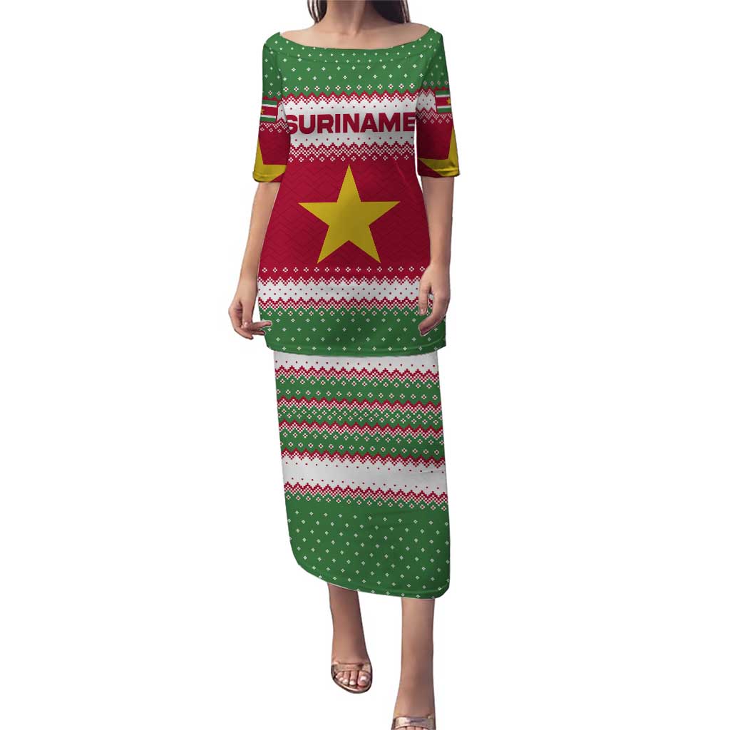 Suriname Christmas Puletasi with Red-Green Knit Pattern, Yellow Star, and Santa Leopard Motif - Wonder Print Shop