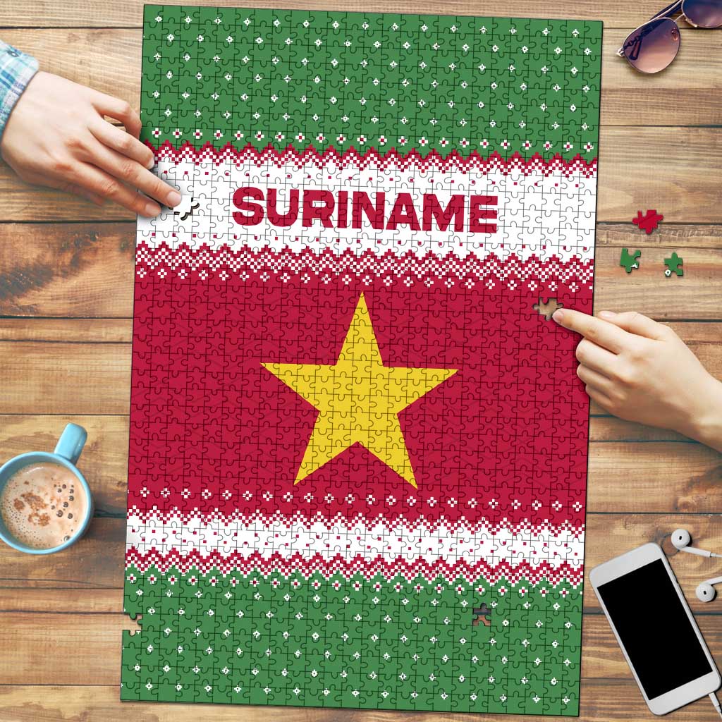 Suriname Christmas Puzzle with Red-Green Knit Pattern, Yellow Star, and Santa Leopard Motif - Wonder Print Shop