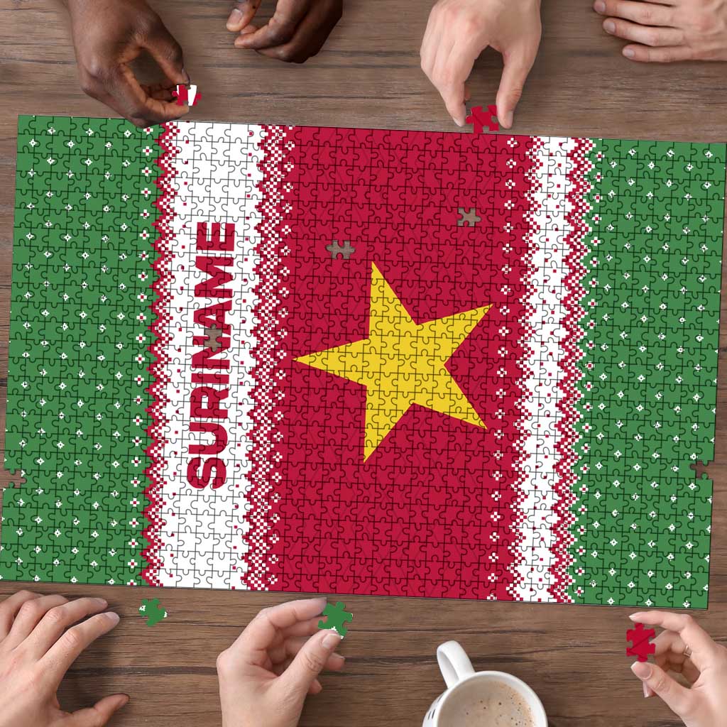 Suriname Christmas Puzzle with Red-Green Knit Pattern, Yellow Star, and Santa Leopard Motif - Wonder Print Shop