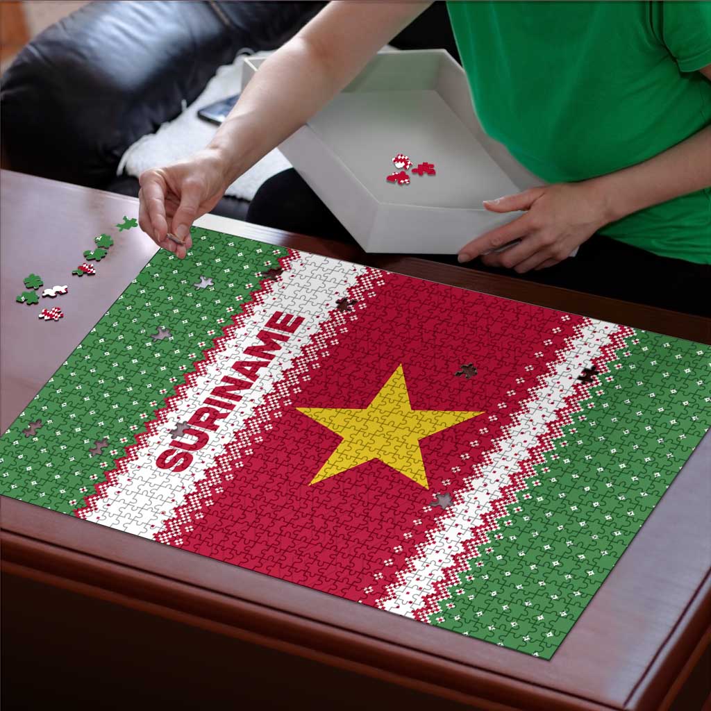 Suriname Christmas Puzzle with Red-Green Knit Pattern, Yellow Star, and Santa Leopard Motif - Wonder Print Shop