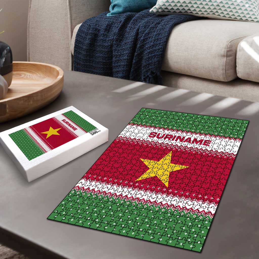 Suriname Christmas Puzzle with Red-Green Knit Pattern, Yellow Star, and Santa Leopard Motif - Wonder Print Shop