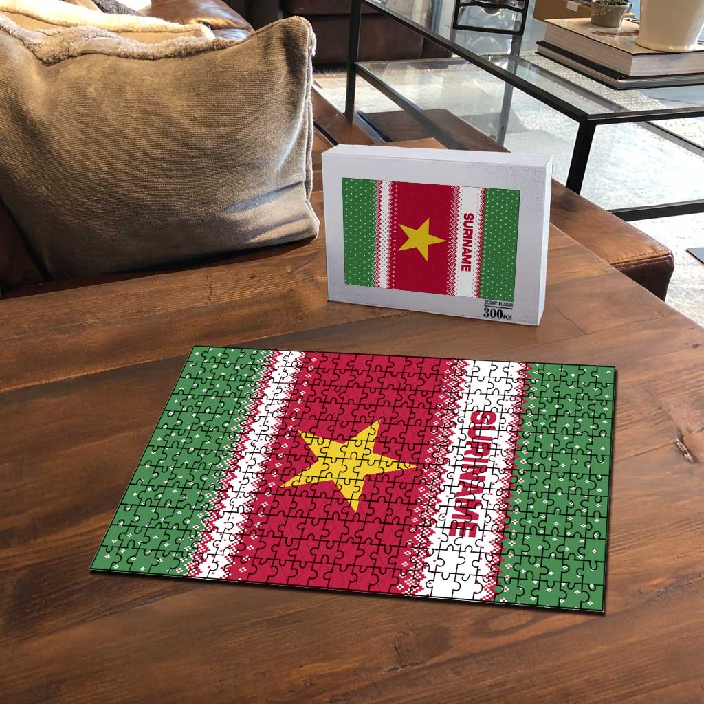 Suriname Christmas Puzzle with Red-Green Knit Pattern, Yellow Star, and Santa Leopard Motif - Wonder Print Shop