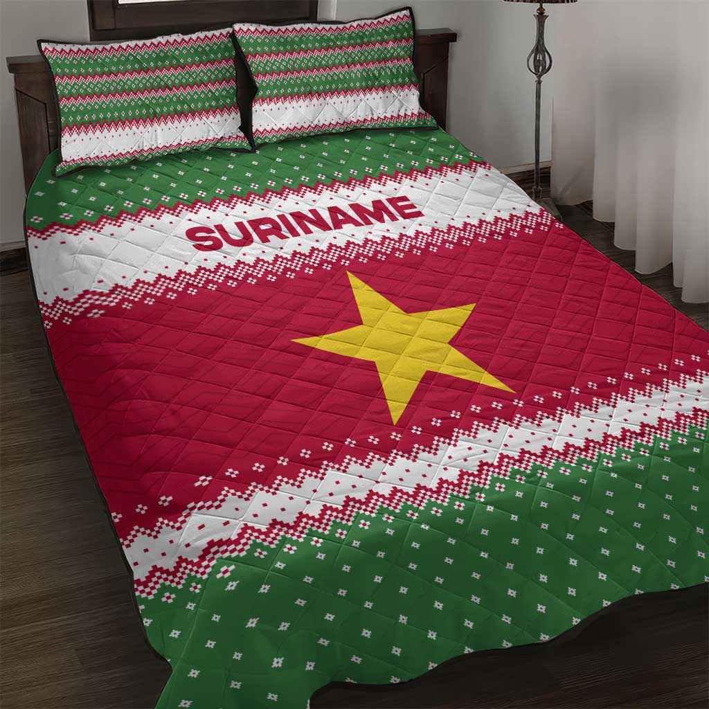 Suriname Christmas Quilt Bed Set with Red-Green Knit Pattern, Yellow Star, and Santa Leopard Motif - Wonder Print Shop