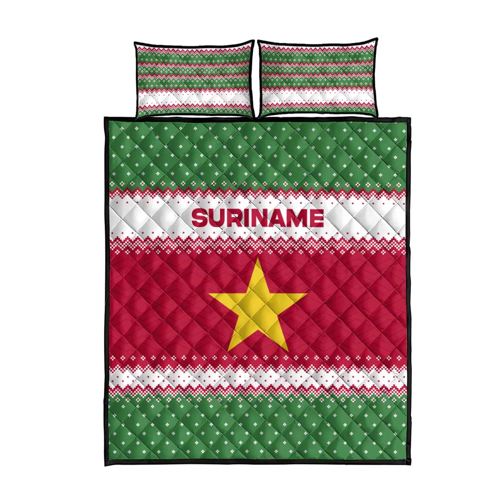 Suriname Christmas Quilt Bed Set with Red-Green Knit Pattern, Yellow Star, and Santa Leopard Motif - Wonder Print Shop