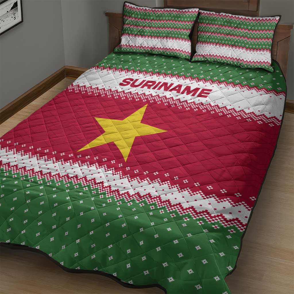 Suriname Christmas Quilt Bed Set with Red-Green Knit Pattern, Yellow Star, and Santa Leopard Motif - Wonder Print Shop