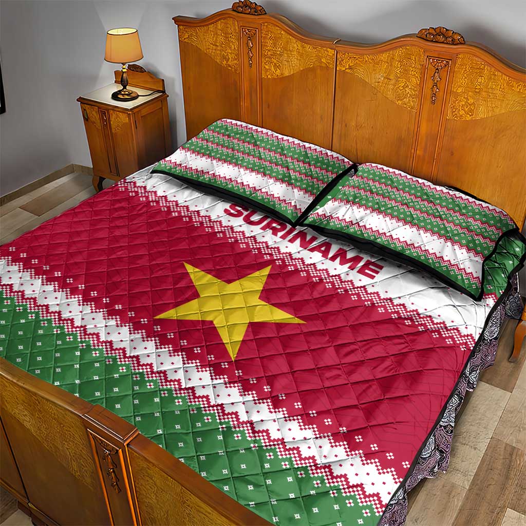 Suriname Christmas Quilt Bed Set with Red-Green Knit Pattern, Yellow Star, and Santa Leopard Motif - Wonder Print Shop