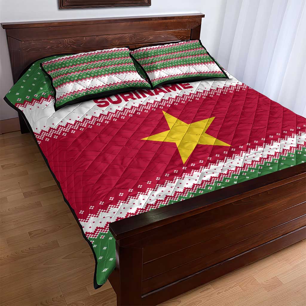 Suriname Christmas Quilt Bed Set with Red-Green Knit Pattern, Yellow Star, and Santa Leopard Motif - Wonder Print Shop
