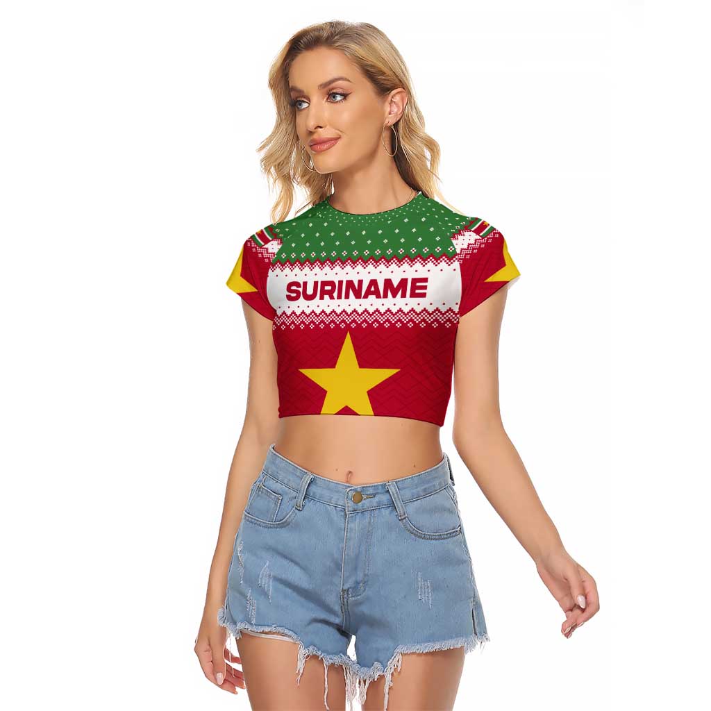 Suriname Christmas Raglan Cropped T Shirt with Red-Green Knit Pattern, Yellow Star, and Santa Leopard Motif - Wonder Print Shop