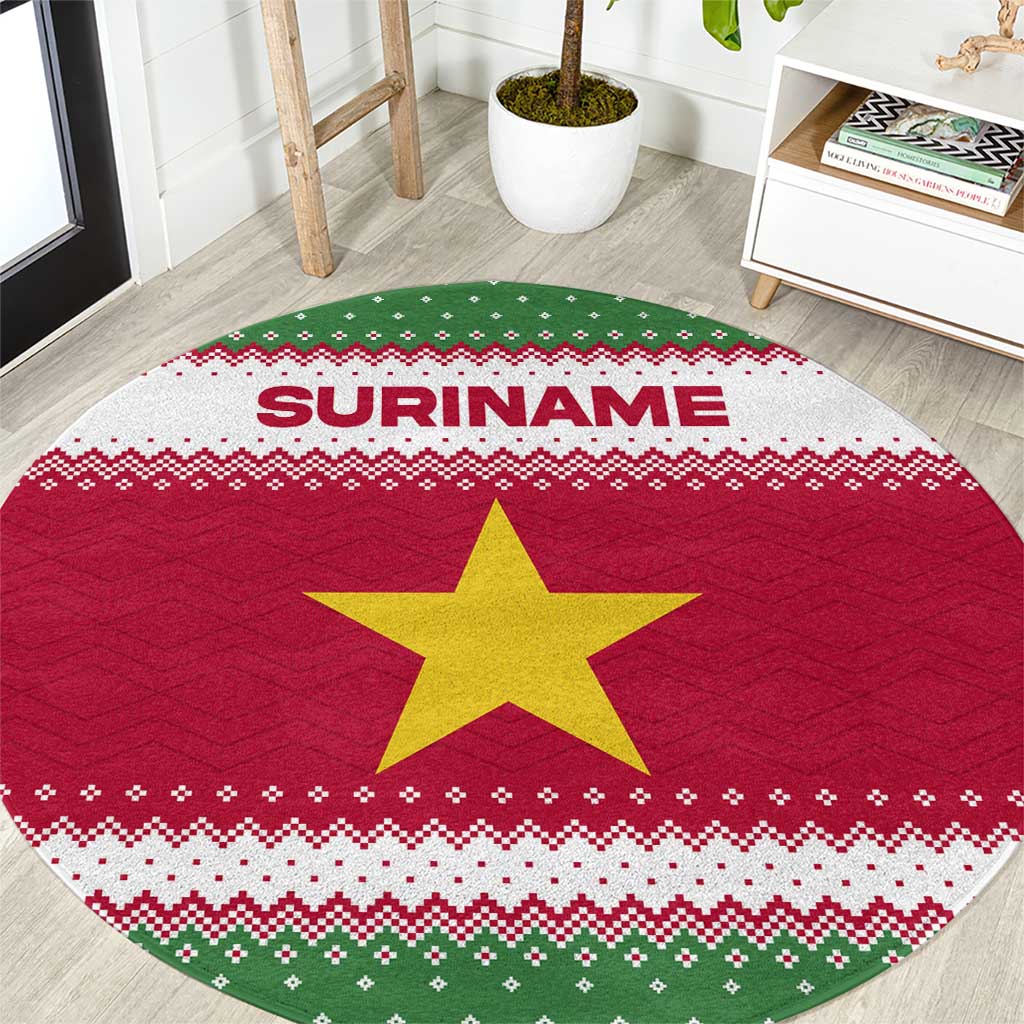 Suriname Christmas Round Carpet with Red-Green Knit Pattern, Yellow Star, and Santa Leopard Motif - Wonder Print Shop