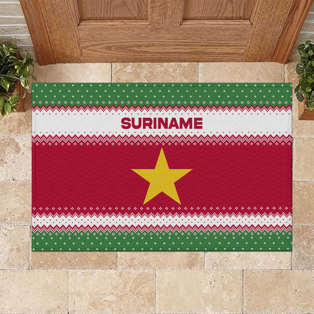 Suriname Christmas Rubber Doormat with Red-Green Knit Pattern, Yellow Star, and Santa Leopard Motif - Wonder Print Shop
