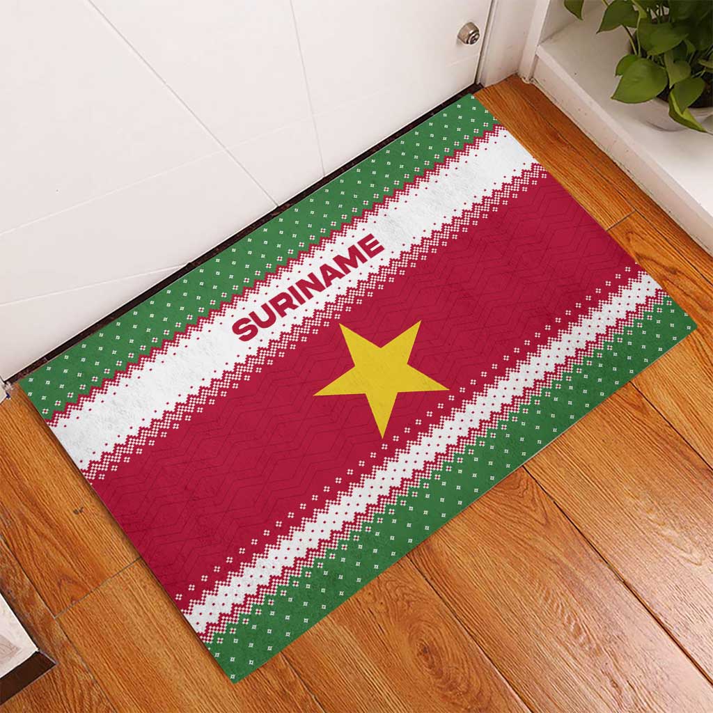 Suriname Christmas Rubber Doormat with Red-Green Knit Pattern, Yellow Star, and Santa Leopard Motif - Wonder Print Shop