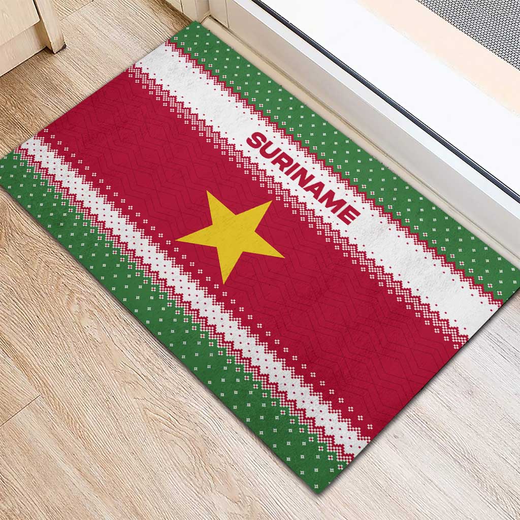 Suriname Christmas Rubber Doormat with Red-Green Knit Pattern, Yellow Star, and Santa Leopard Motif - Wonder Print Shop