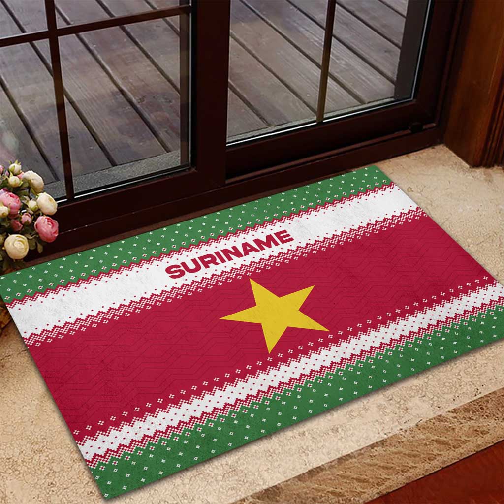Suriname Christmas Rubber Doormat with Red-Green Knit Pattern, Yellow Star, and Santa Leopard Motif - Wonder Print Shop