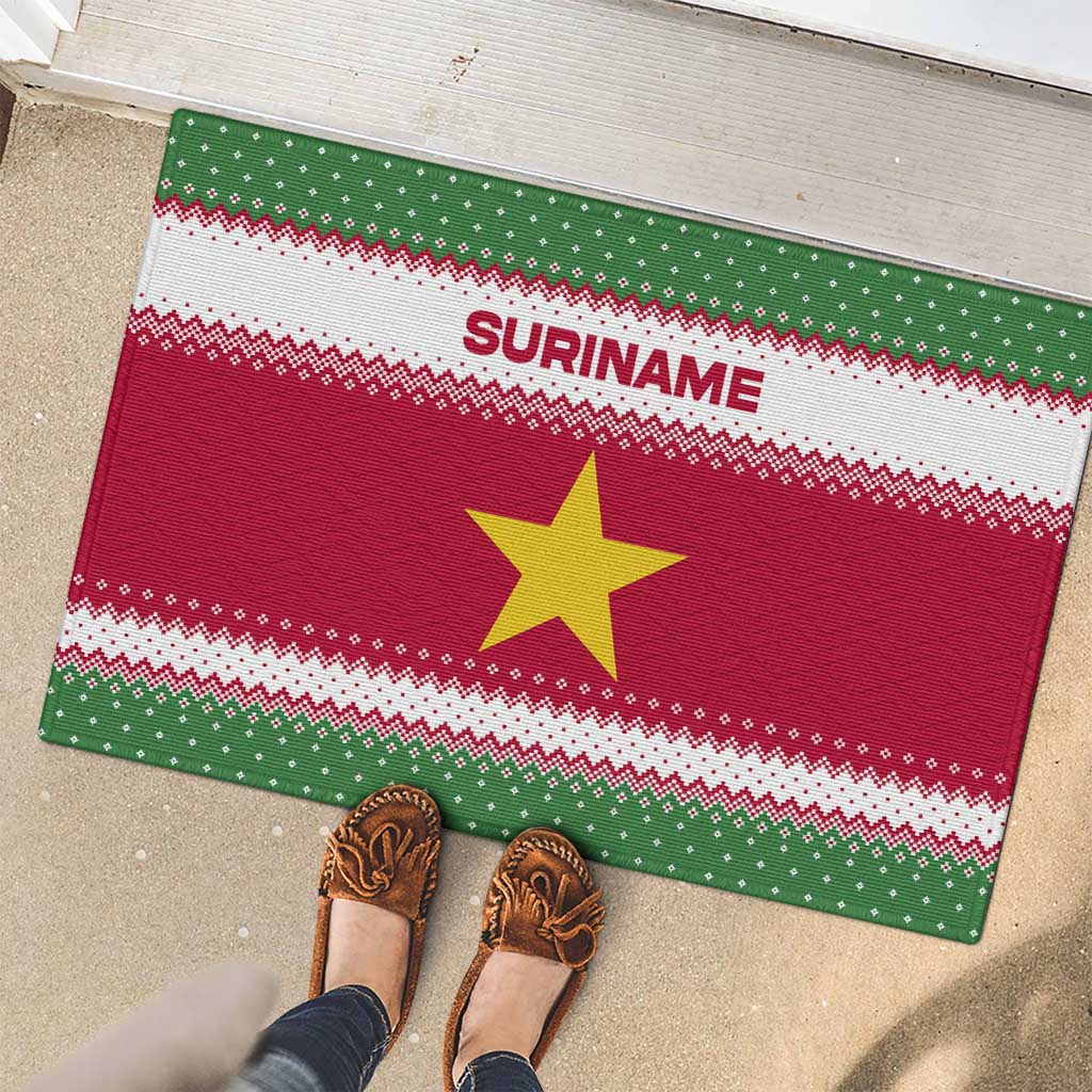 Suriname Christmas Rubber Doormat with Red-Green Knit Pattern, Yellow Star, and Santa Leopard Motif - Wonder Print Shop