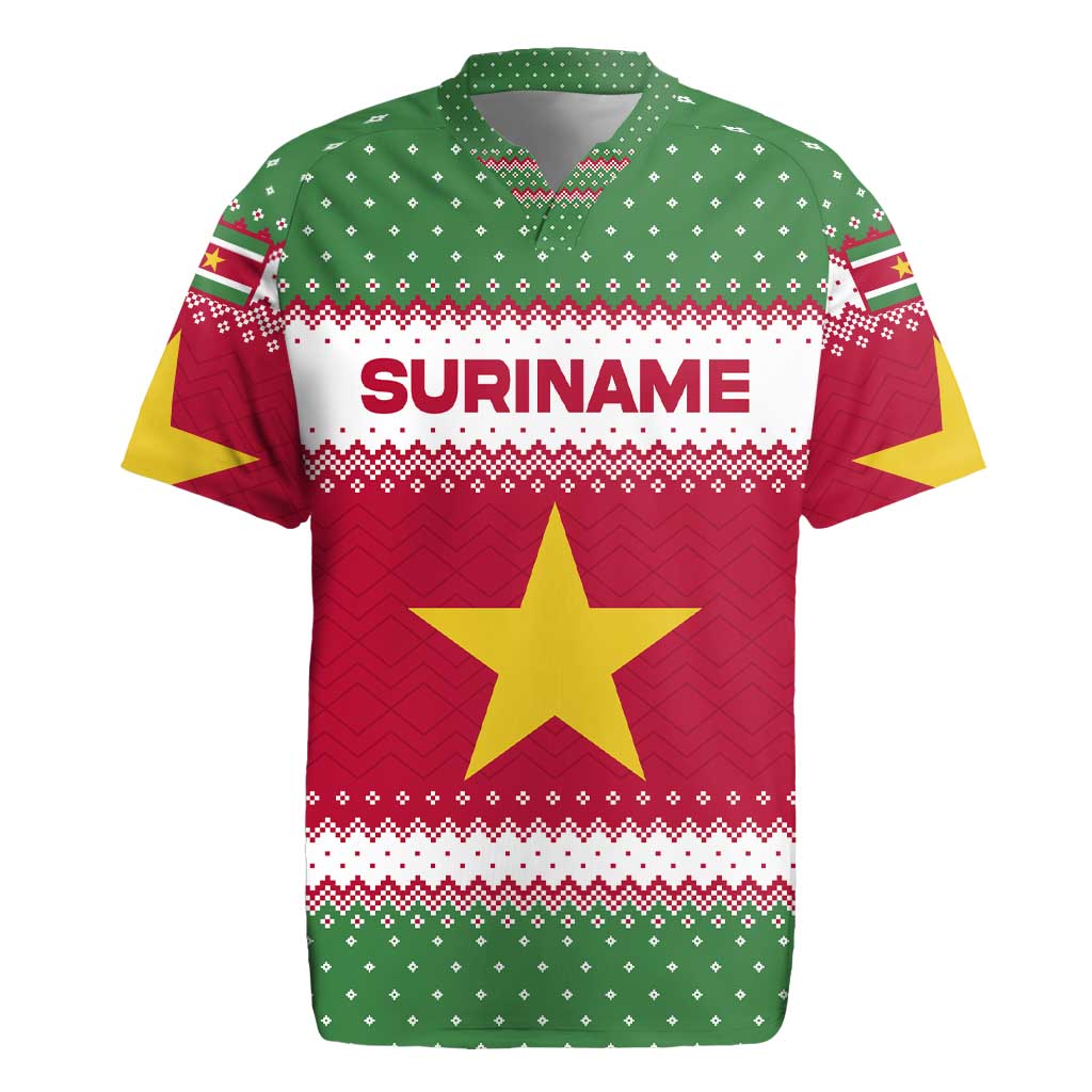 Suriname Christmas Rugby Jersey with Red-Green Knit Pattern, Yellow Star, and Santa Leopard Motif - Wonder Print Shop