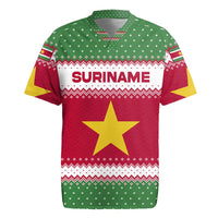 Suriname Christmas Rugby Jersey with Red-Green Knit Pattern, Yellow Star, and Santa Leopard Motif - Wonder Print Shop