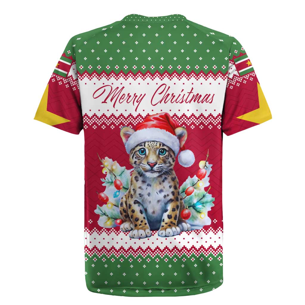 Suriname Christmas Rugby Jersey with Red-Green Knit Pattern, Yellow Star, and Santa Leopard Motif - Wonder Print Shop