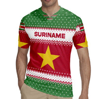 Suriname Christmas Rugby Jersey with Red-Green Knit Pattern, Yellow Star, and Santa Leopard Motif - Wonder Print Shop