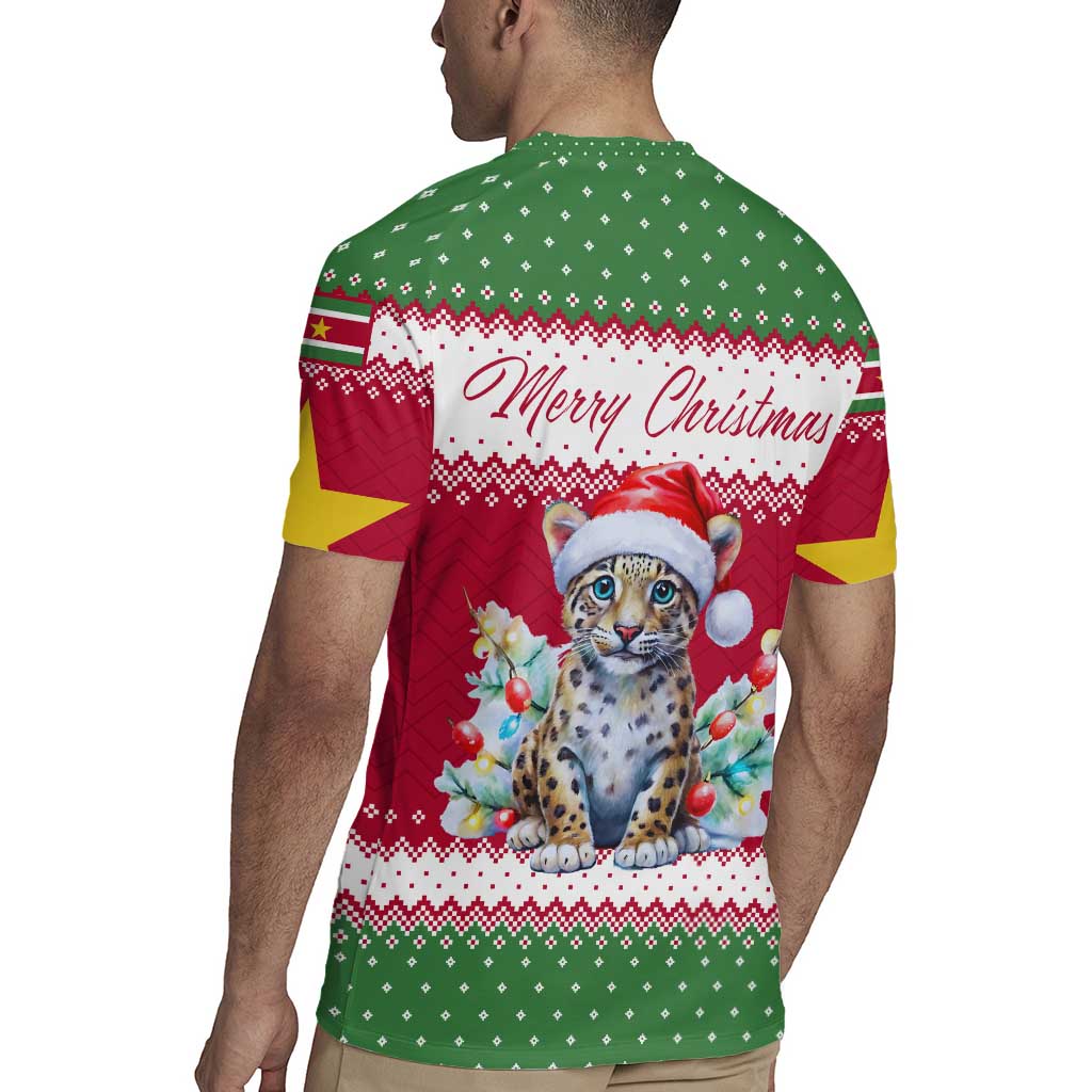 Suriname Christmas Rugby Jersey with Red-Green Knit Pattern, Yellow Star, and Santa Leopard Motif - Wonder Print Shop
