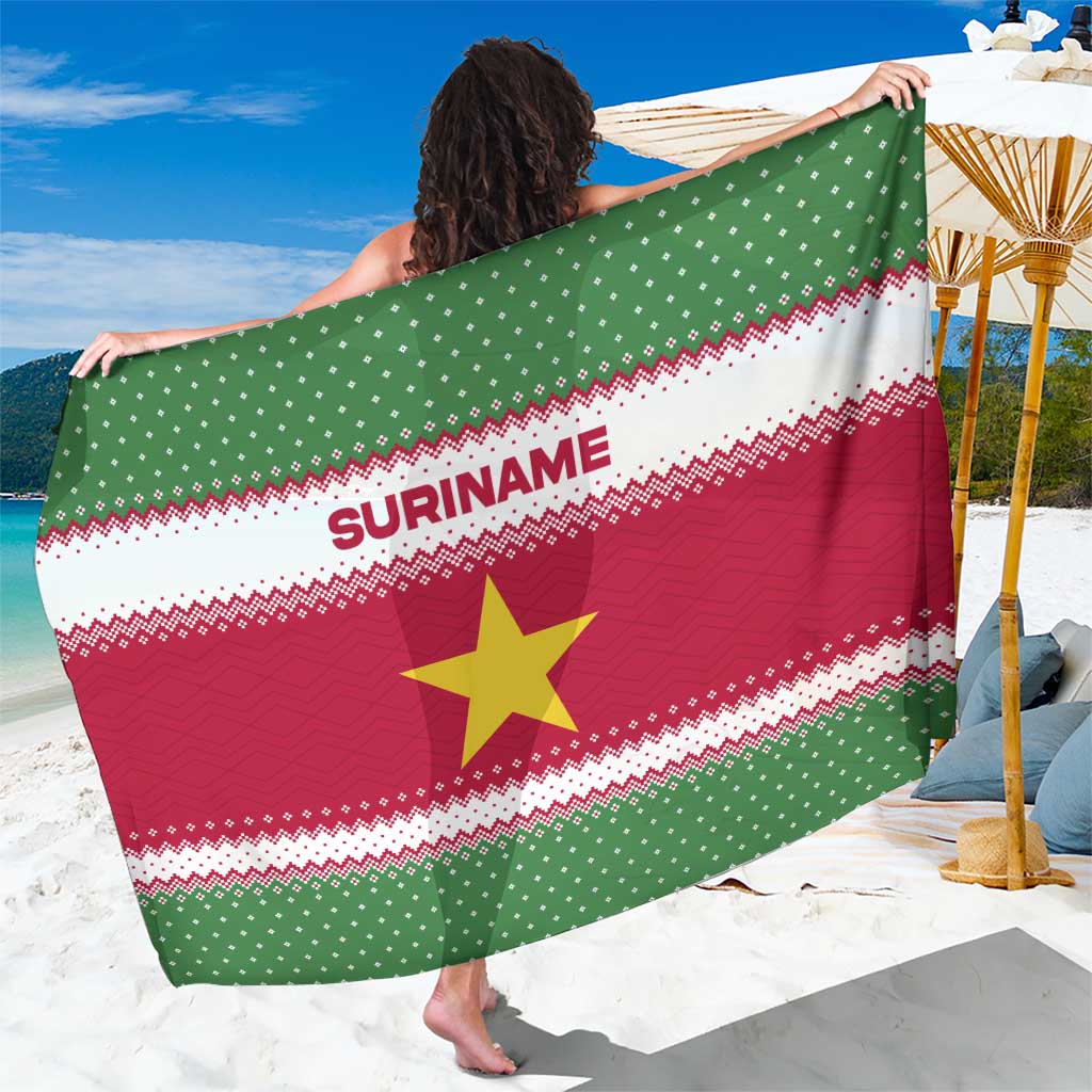 Suriname Christmas Sarong with Red-Green Knit Pattern, Yellow Star, and Santa Leopard Motif - Wonder Print Shop