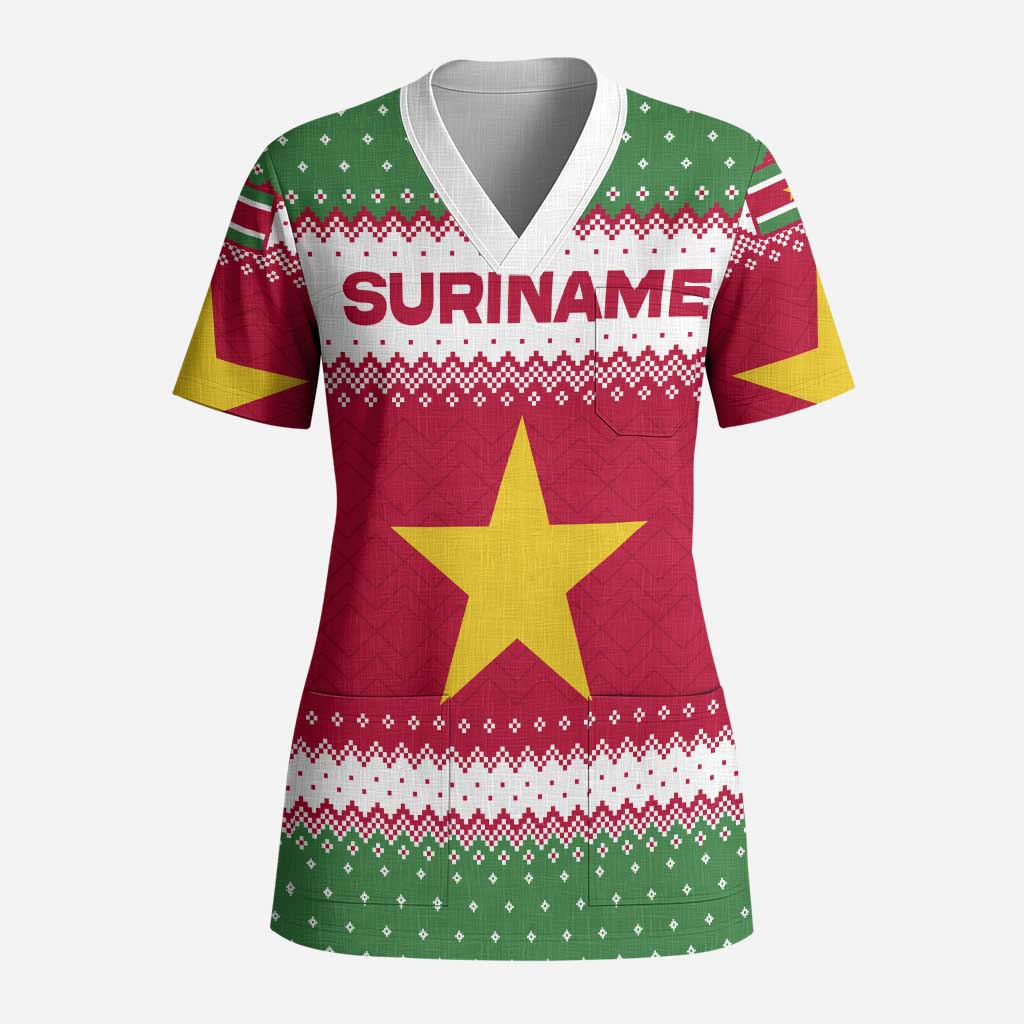 Suriname Christmas Scrub Top with Red-Green Knit Pattern, Yellow Star, and Santa Leopard Motif - Wonder Print Shop