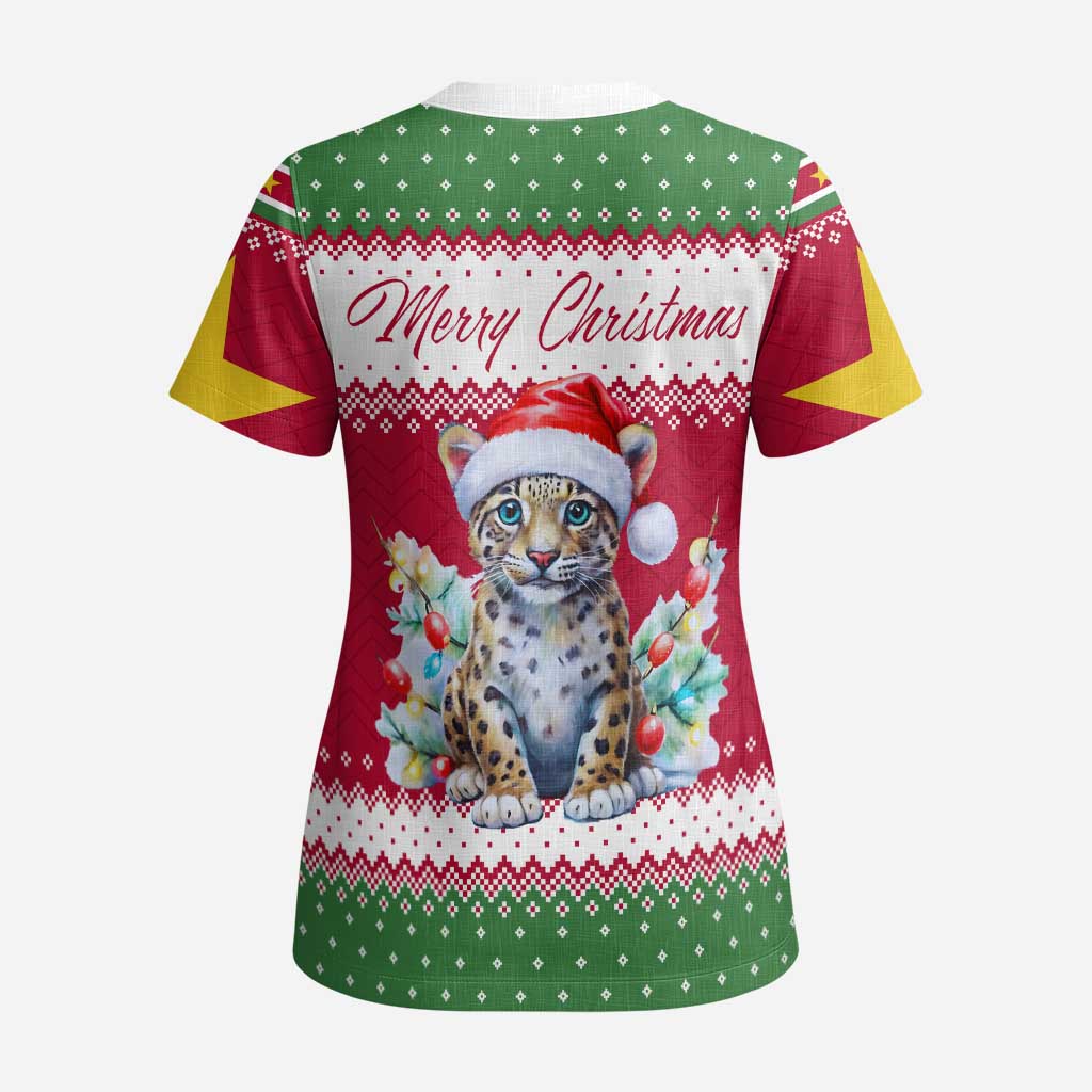 Suriname Christmas Scrub Top with Red-Green Knit Pattern, Yellow Star, and Santa Leopard Motif - Wonder Print Shop