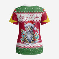 Suriname Christmas Scrub Top with Red-Green Knit Pattern, Yellow Star, and Santa Leopard Motif - Wonder Print Shop