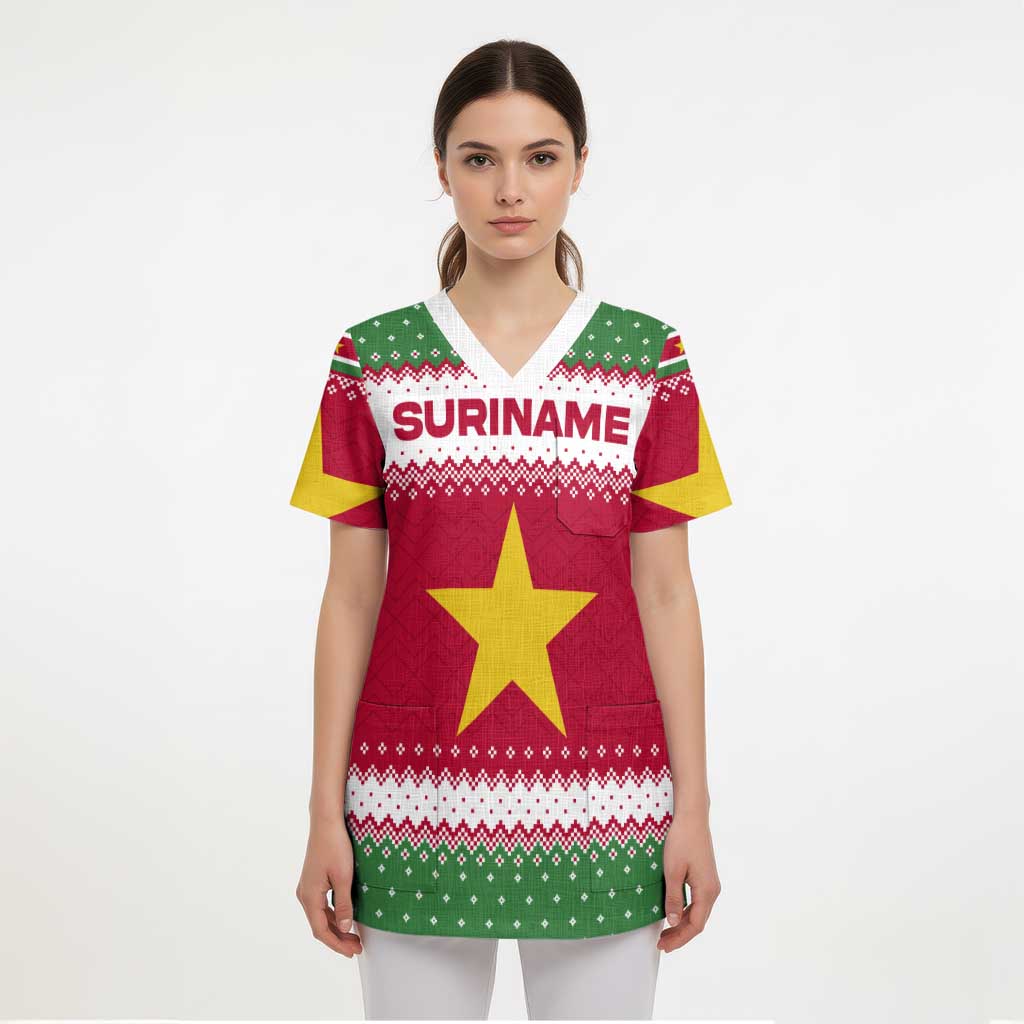 Suriname Christmas Scrub Top with Red-Green Knit Pattern, Yellow Star, and Santa Leopard Motif - Wonder Print Shop
