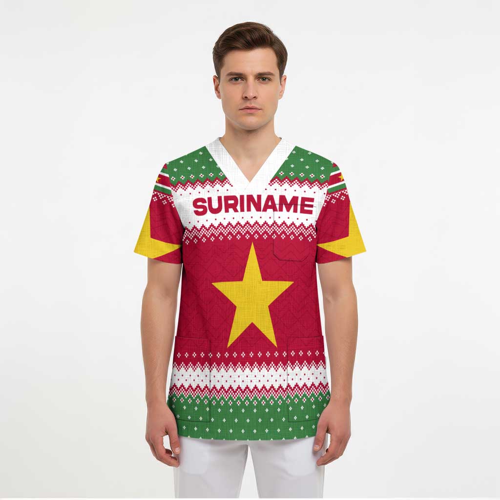 Suriname Christmas Scrub Top with Red-Green Knit Pattern, Yellow Star, and Santa Leopard Motif - Wonder Print Shop