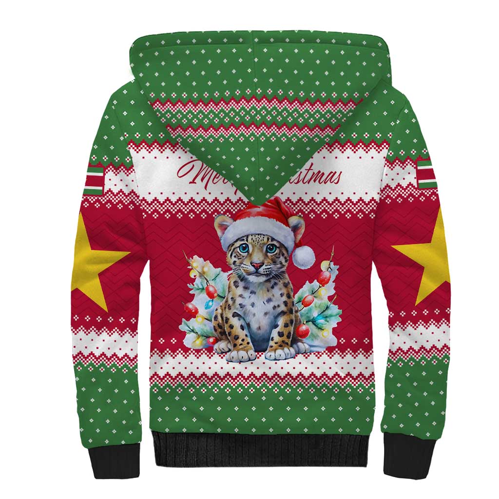 Suriname Christmas Sherpa Hoodie with Red-Green Knit Pattern, Yellow Star, and Santa Leopard Motif - Wonder Print Shop