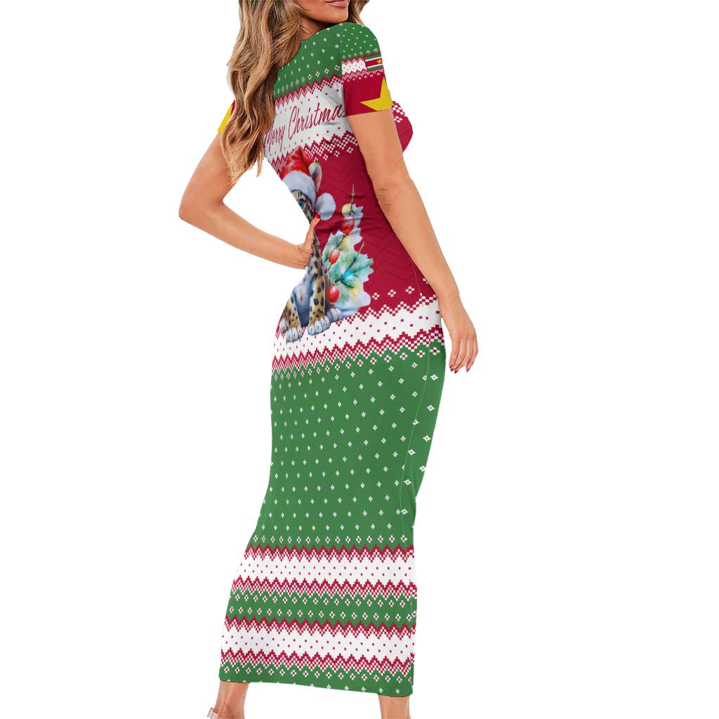 Suriname Christmas Short Sleeve Bodycon Dress with Red-Green Knit Pattern, Yellow Star, and Santa Leopard Motif - Wonder Print Shop