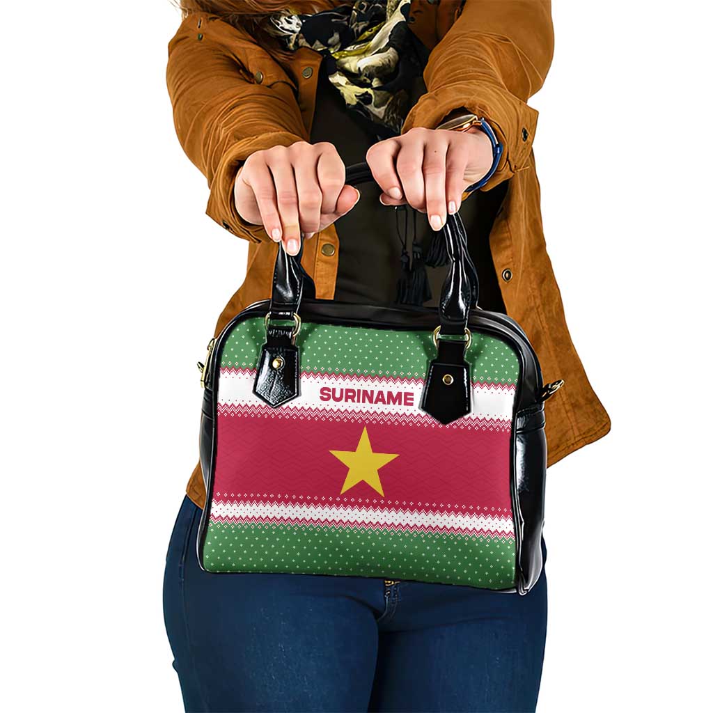 Suriname Christmas Shoulder Handbag with Red-Green Knit Pattern, Yellow Star, and Santa Leopard Motif - Wonder Print Shop