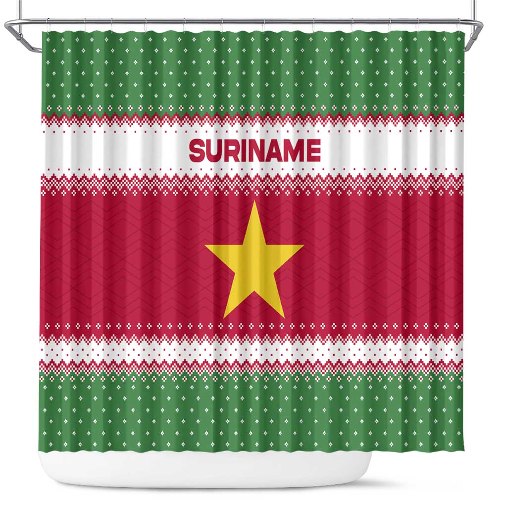 Suriname Christmas Shower Curtain with Red-Green Knit Pattern, Yellow Star, and Santa Leopard Motif - Wonder Print Shop
