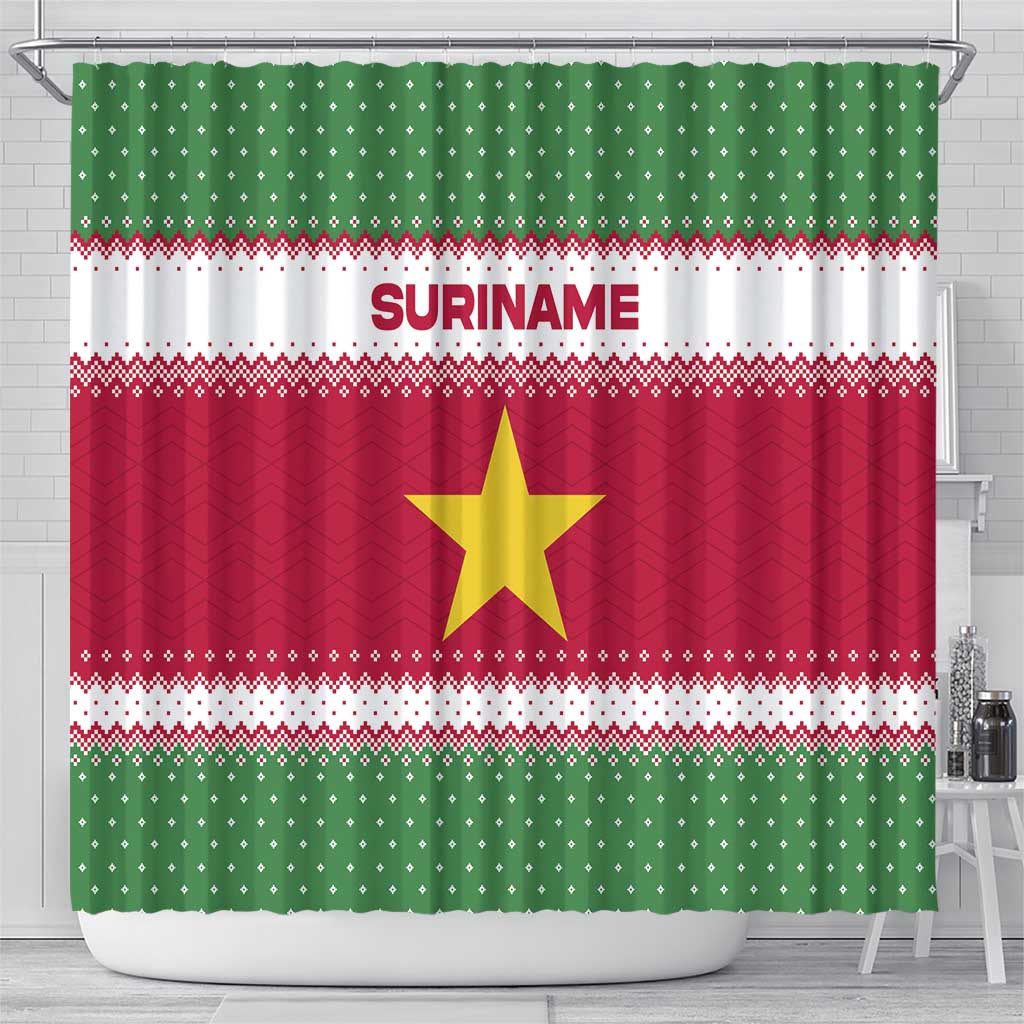 Suriname Christmas Shower Curtain with Red-Green Knit Pattern, Yellow Star, and Santa Leopard Motif - Wonder Print Shop