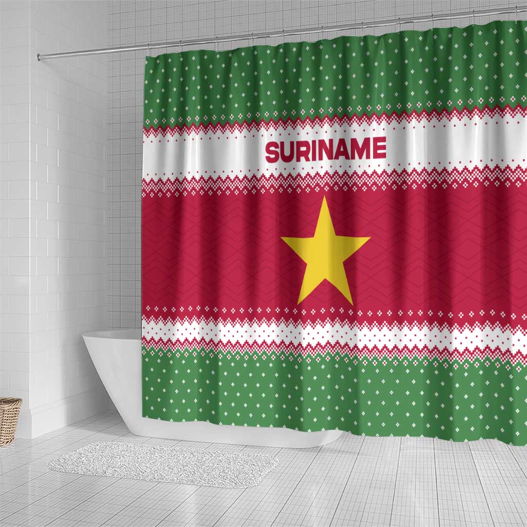 Suriname Christmas Shower Curtain with Red-Green Knit Pattern, Yellow Star, and Santa Leopard Motif - Wonder Print Shop