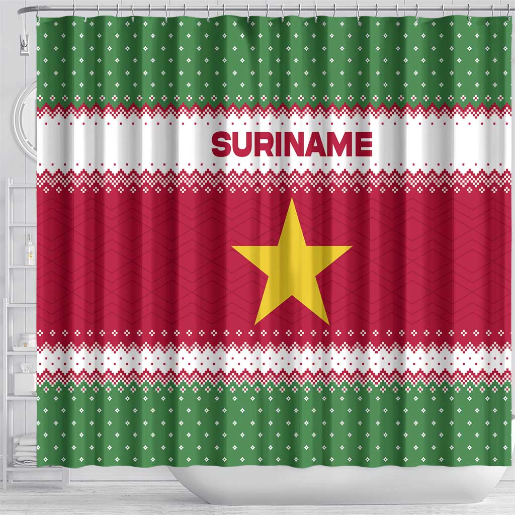 Suriname Christmas Shower Curtain with Red-Green Knit Pattern, Yellow Star, and Santa Leopard Motif - Wonder Print Shop
