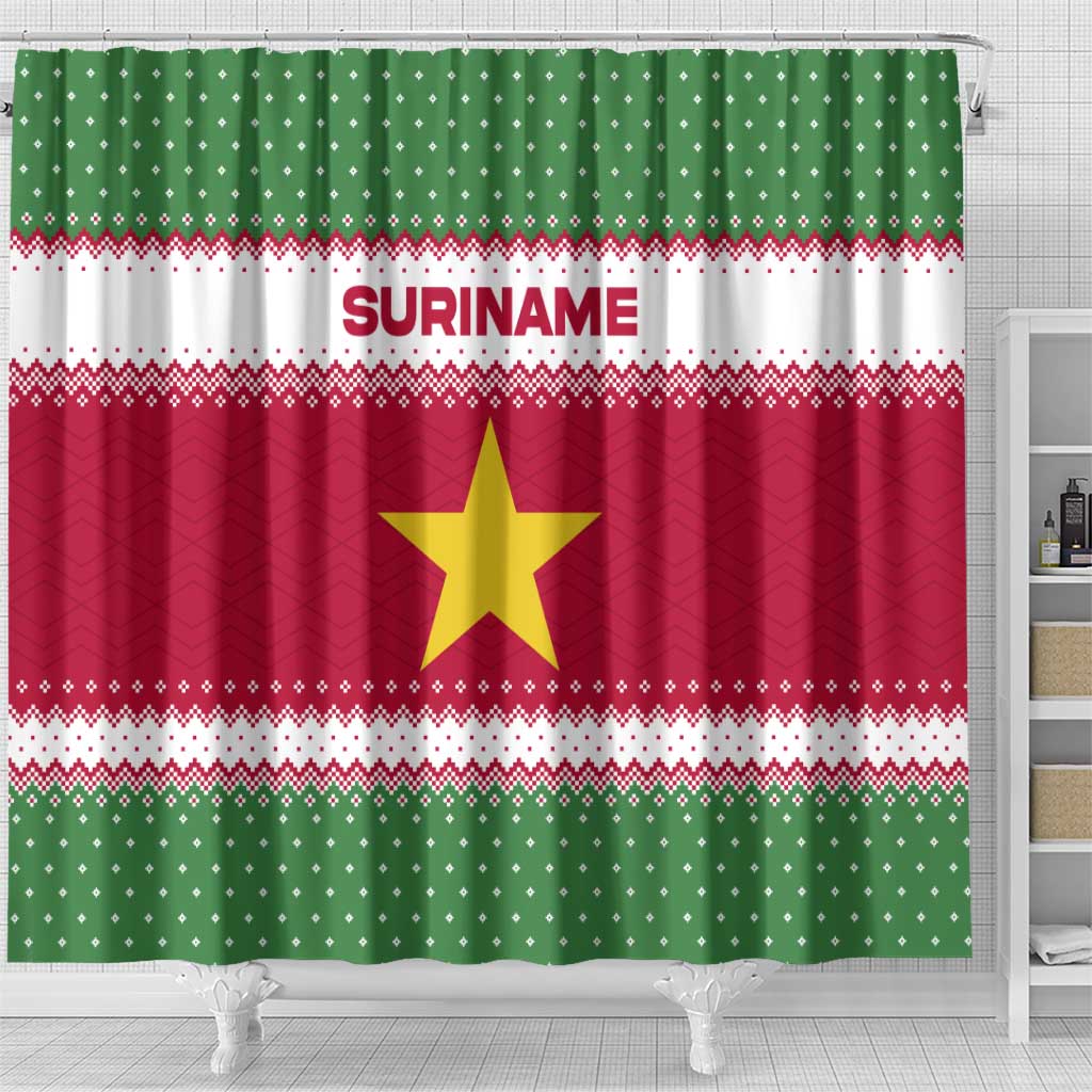 Suriname Christmas Shower Curtain with Red-Green Knit Pattern, Yellow Star, and Santa Leopard Motif - Wonder Print Shop