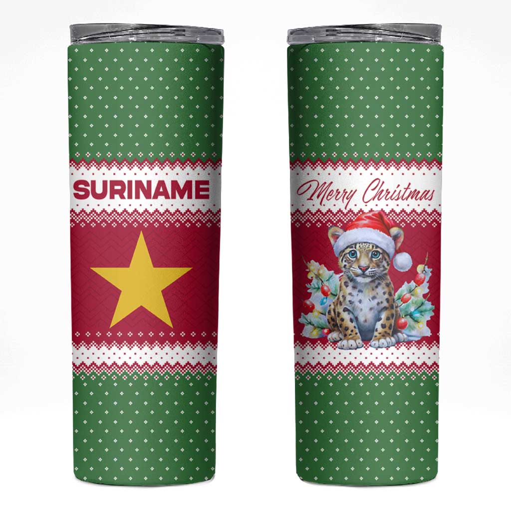 Suriname Christmas Skinny Tumbler with Red-Green Knit Pattern, Yellow Star, and Santa Leopard Motif - Wonder Print Shop