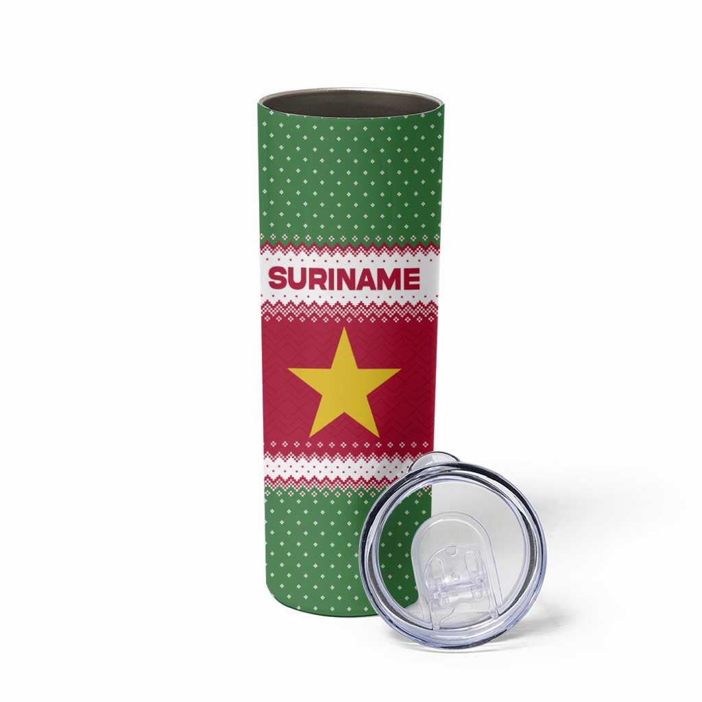 Suriname Christmas Skinny Tumbler with Red-Green Knit Pattern, Yellow Star, and Santa Leopard Motif - Wonder Print Shop