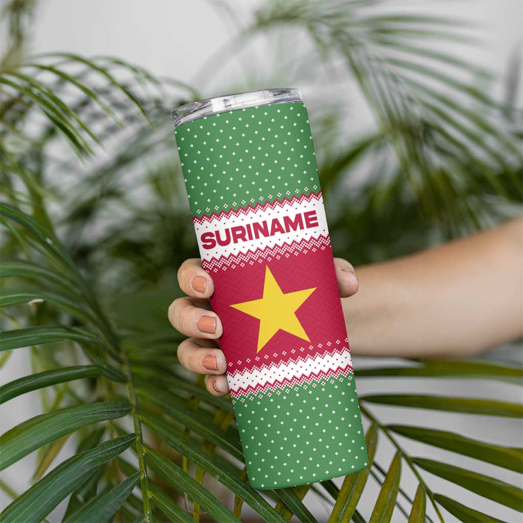 Suriname Christmas Skinny Tumbler with Red-Green Knit Pattern, Yellow Star, and Santa Leopard Motif - Wonder Print Shop