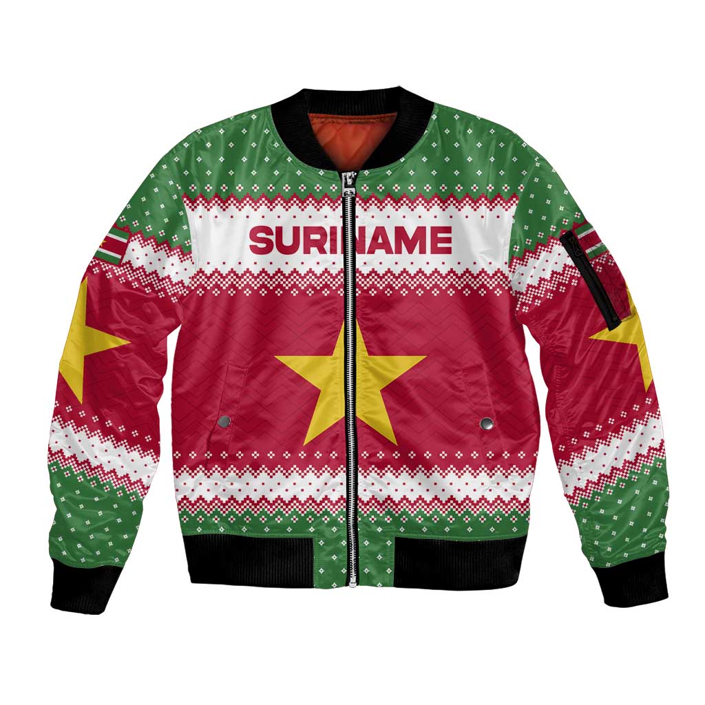 Suriname Christmas Sleeve Zip Bomber Jacket with Red-Green Knit Pattern, Yellow Star, and Santa Leopard Motif - Wonder Print Shop