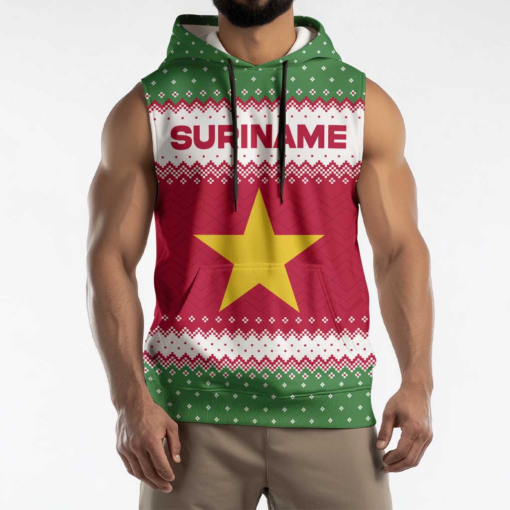Suriname Christmas Sleeveless Hoodie with Red-Green Knit Pattern, Yellow Star, and Santa Leopard Motif - Wonder Print Shop